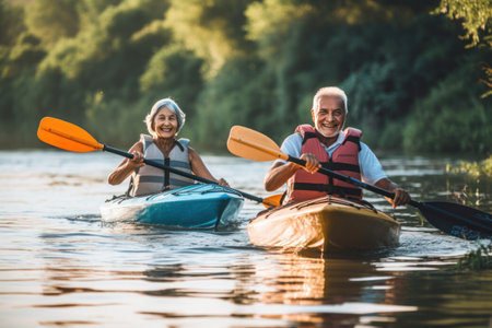 an elderly asian man with kayaking on the water, generated by ai familiesの素材