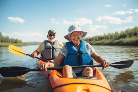 an elderly woman with friends, families, kayaking on the water, generated by aiの素材