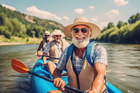 an elderly man in glass with friends kayaking on the water, generated by aiの素材
