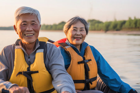 an elderly man with wife, families, kayaking on the water, generated by aiの素材
