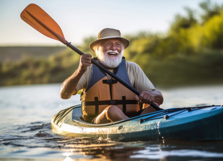 an elderly man is kayaking on the water, generated by aiの素材