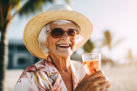 elderly woman in a hat with sunglasses with gray hair, 70-80 years old, holding a glass with a cocktail on the background of the beach, ai generatedの素材