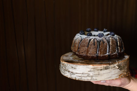 chocolate cupcake with blueberries on a birch wooden saw cut, and outstretched hand, on a dark...