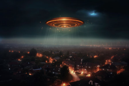 Glowing golden UFO in the dark sky over the night city, AI generatedの素材