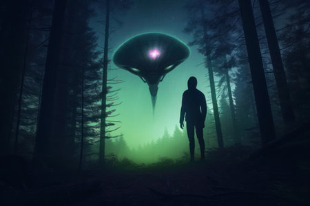 the black silhouette of an alien stands against the background of a dark forest and a green sky with a UFO, generated by AIの素材