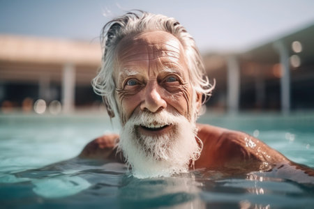 gray-haired elderly old man swims in the pool, ai generatedの素材