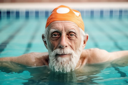 gray-haired elderly old man swims in the pool, ai generatedの素材