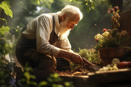 The gray-haired old man is working with growing vegetables in his garden. AI generatedの素材