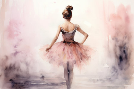 watercolor drawing, a ballerina in a pink dress stands with her back against a light background, generated by AIの素材
