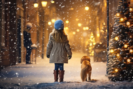girl walks with a dog along the snow-covered streets, winter, ai generatedの素材