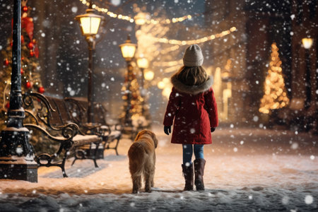 girl walks with a dog along the snow-covered streets, winter, ai generatedの素材