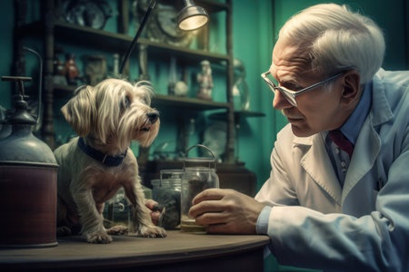male veterinarian examining a dog in a veterinary clinic, ai generatedの素材