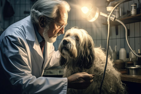 male veterinarian examining a dog in a veterinary clinic, ai generatedの素材