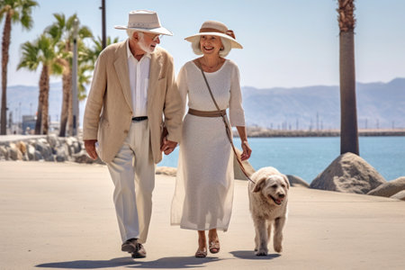 happy elderly couple with gray hair, wearing hats, in summer, walking the dog along the sea coast, ai generatedの素材