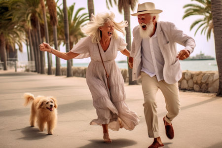 happy elderly couple with a dog dancing on the background of a beach with palm trees, ai generatedの素材