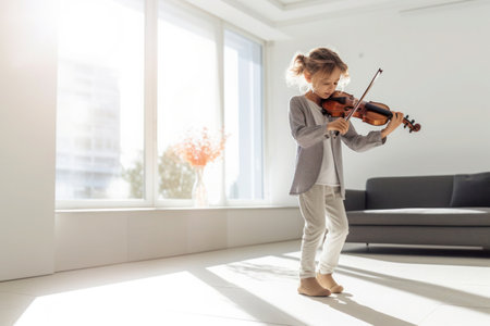 European girl playing violin in a bright room, wearing light-colored clothes, generative aiの素材