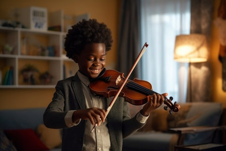 Young black schoolboy playing violin in a room, generative aiの素材