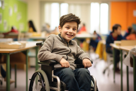 Boy in a wheelchair sits in a school classroom, generative aiの素材