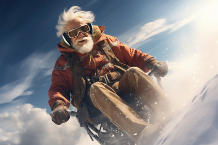 Portrait of a delighted senior man with silver hair and a beard, descending a snow-covered mountain slope under the bright sun. The snow scatters around him against the backdrop of the clear blue skyの素材