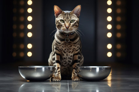 In a modern interior, a gorgeous and expressive Bengal cat is seated on the floor, its gaze holding the viewer's attentionの素材