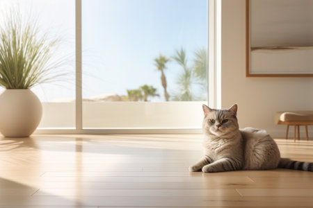 striped cat sits on a beige floor in a well-lit room with balcony doors that offer a view of palm trees.の素材