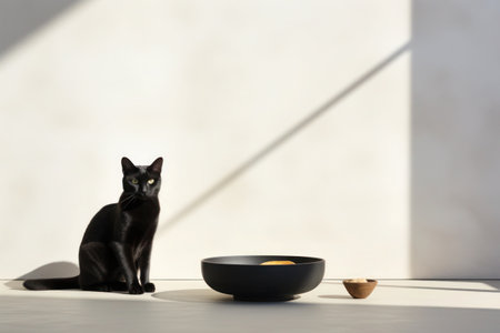 black cat against a sunlit light-gray wall sits on the floor next to a low black table.の素材