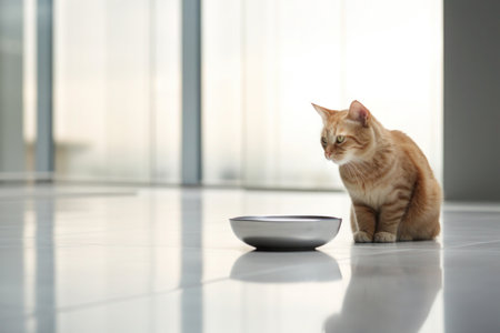 In a minimalist setting, a small ginger kitten sits on the light floor beside an iron food bowlの素材