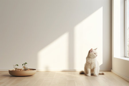 white cat sits on a wooden floor with a sunbeam on the wallの素材