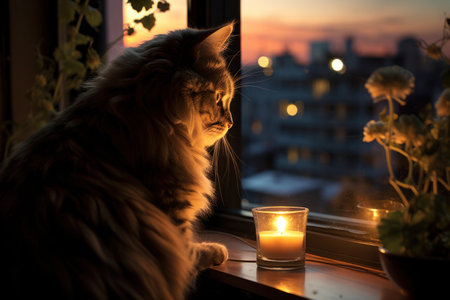 In the evening, a cat sits on the windowsill in a room and gazes at the city from a high floor. A burning candle stands before itの素材