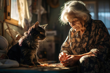 An extremely old, unattractive, and gray-haired woman inside her apartment caring for her elderly cat. The apartment has a modest settingの素材