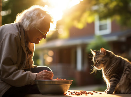 A gray-haired old man feeds a stray cat outdoors in the sunlight.の素材