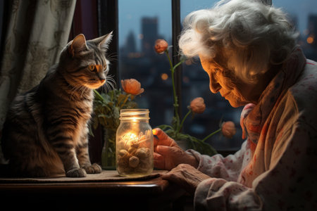 In the evening, in a room illuminated by candlelight, an elderly woman with silver hair sits with her cat near the window, engaging in conversationの素材