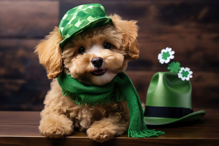 portrait of a puppy wearing green signs and attributes for St. Patrick's Dayの素材