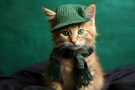 portrait of a red cat in a green scarf on a dark backgroundの素材