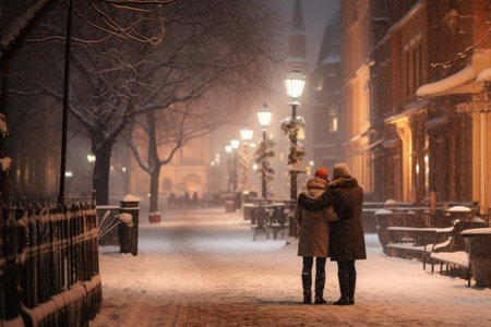 An elderly couple embraces on the snowy streets of a winter city.の素材