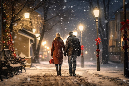 In the midst of a snowy evening, a senior couple and their loyal dog explore the town, adorned with the mesmerizing lights of the holiday season.の素材