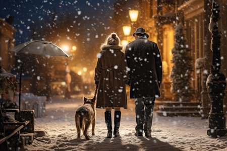 A loving elderly couple takes a charming, snow-covered walk with their furry companion, guided by the enchanting glow of holiday decorations.の素材