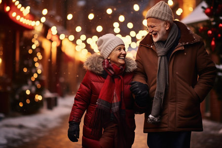 The happy and laughing elderly couple gazes at each other while taking a walk through the nighttime city, surrounded by the yellow bokeh lights from Christmas garlandsの素材