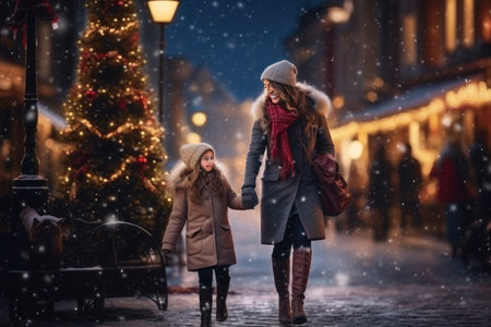 mom and her daughter stroll through the festive New Year city in the evening, with the city's Christmas trees beautifully decorated in the background.の素材