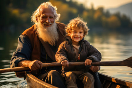 Grandfather and grandchild smiling in a canoe, golden hour lighting.の素材