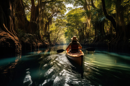 Paddling through a lush mangrove channel, a kayaker is enveloped in tranquility.の素材