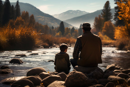 Father and son sit by the autumn river, admiring the scenic landscape with distant mountains and yellow foliage.の素材