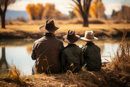 A serene and touching moment as a grandfather is flanked by his two grandsons, all gazing out over a calm river, enveloped in the warmth of a sunny autumn day.の素材