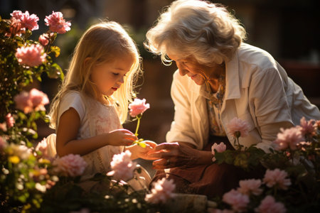 In a serene garden, a loving grandmother shows her young granddaughter how to gently handle a delicate pink rose, sunlight dancing around them.の素材