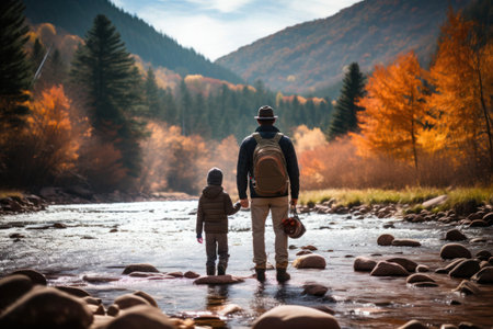 Frost on trees along the winter river, a boat with two people, winter fishing.の素材