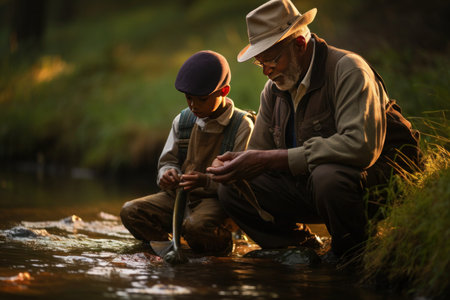 An African American grandfather imparts fishing wisdom to his attentive grandson by a serene riverside, engulfed in the warm, tranquil light of the setting sun.の素材