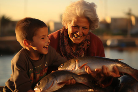 In the golden hour light by the harbor, a Middle Eastern grandmother and her grandson share a moment of laughter and triumph, holding a bountiful catch of fishの素材