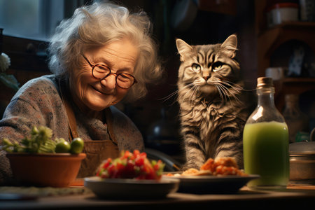 An elderly woman smiles happily at her grumpy cat, both seated together on a table in their evening roomの素材
