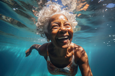 An elderly African American woman, submerged underwater, brimming with happiness.の素材