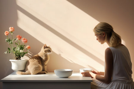 girl has breakfast at the table with her cat against a sunlit wallの素材